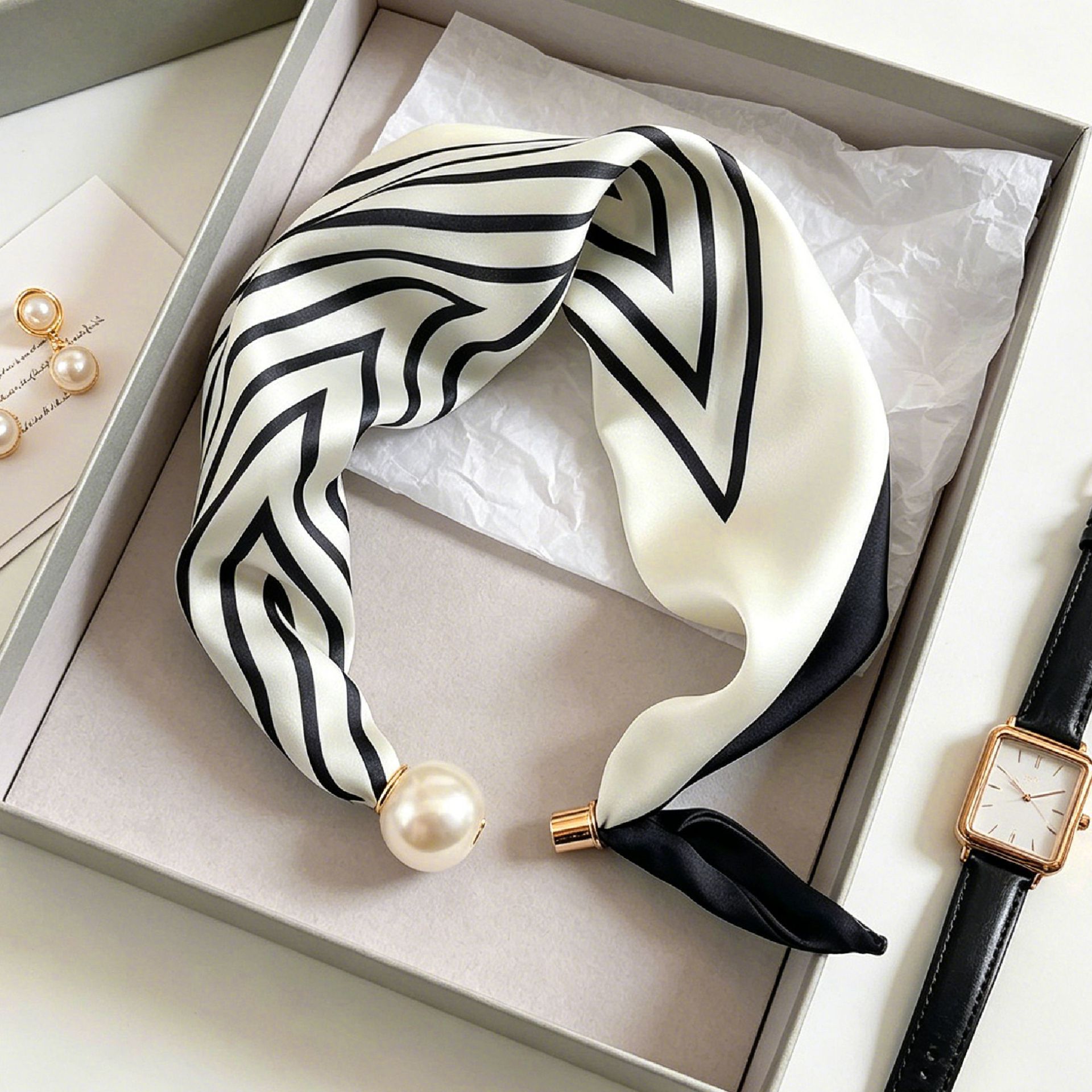 우아하고 세련된 진주 줄무늬 스카프 여성 패션 편리한  - Women'S Accessories For Neck 리뷰 및 가격